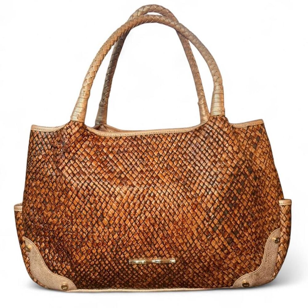 Elaine Turner Woven Straw Metallic Gold Leather Shoulder Tote Bag Large